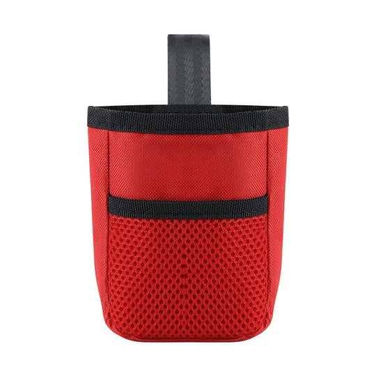 Bolsa de treino para cães em vermelho, feita de material Oxford, com parte em malha e detalhe preto.