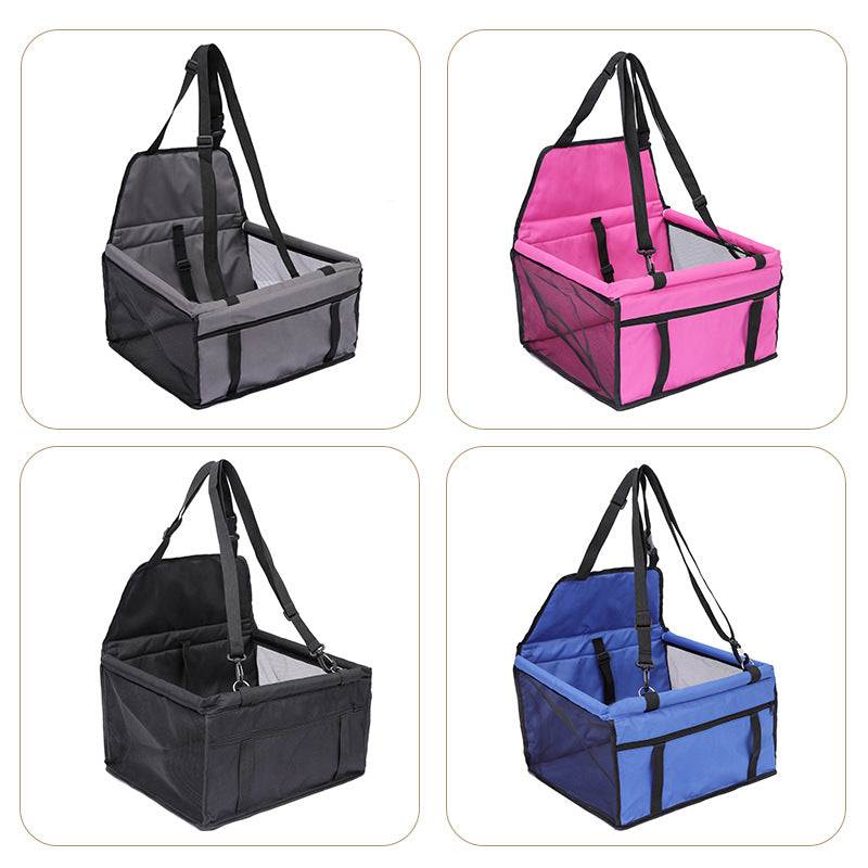 Mala de transporte para cães em quatro cores: cinza, rosa, preto e azul, com design à prova de desgaste e tiras ajustáveis.