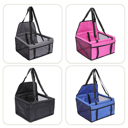 Mala de transporte para cães em quatro cores: cinza, rosa, preto e azul, com design à prova de desgaste e tiras ajustáveis.