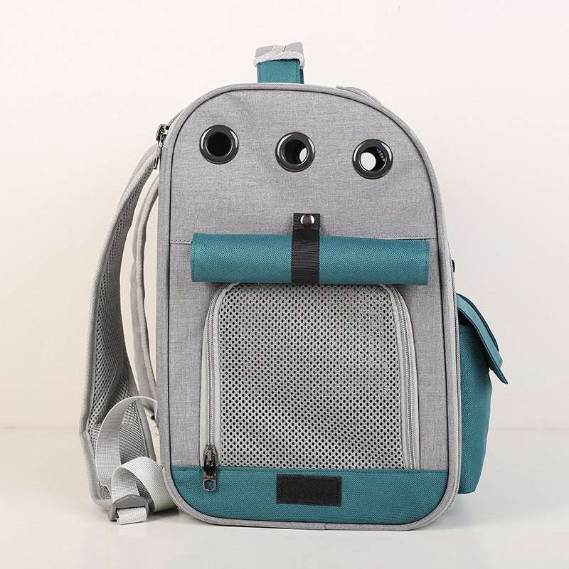Mochila cinza e azul para animais de estimação, com material respirável e redes laterais, apropriada para transportes.