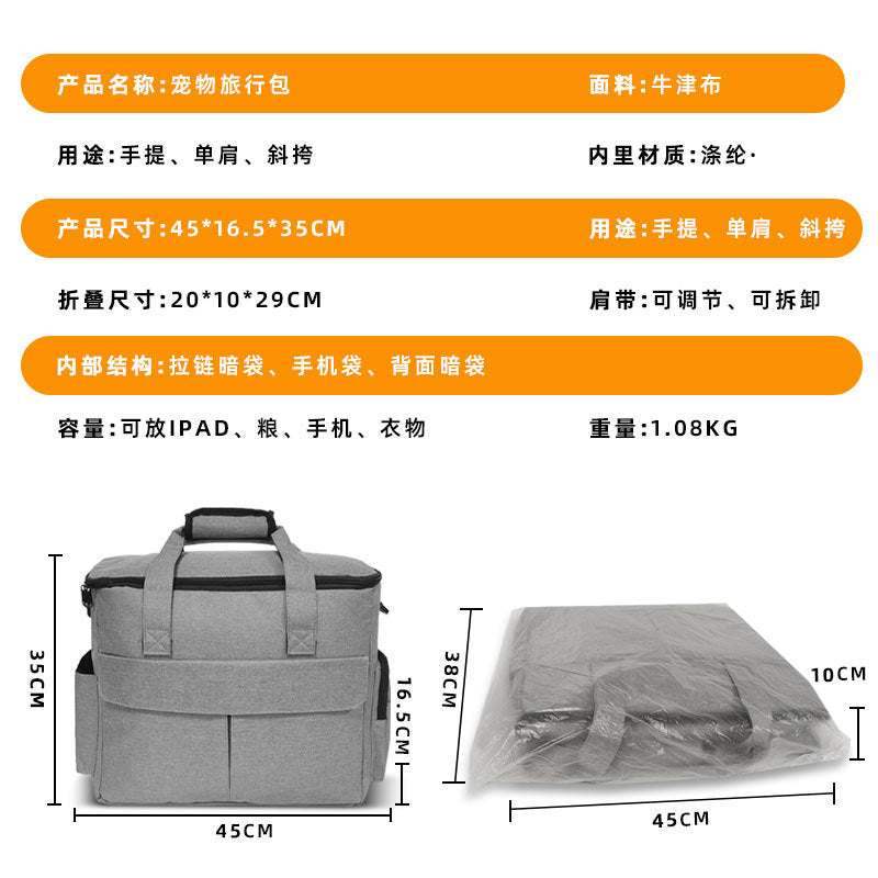 Mochila cinza para alimentos de cães e gatos, com alças confortáveis, design dobrável e material durável em tecido Oxford.
