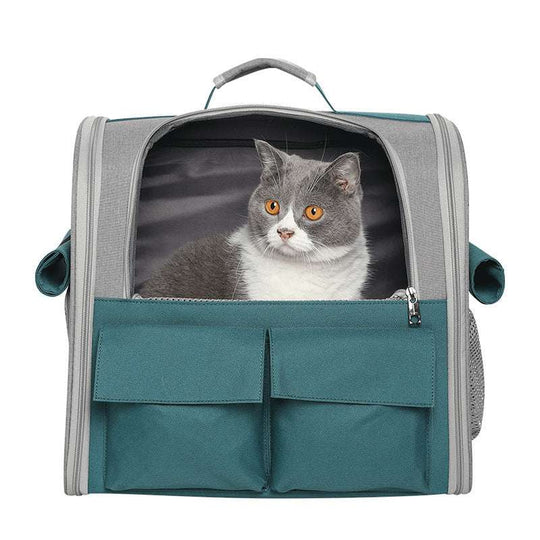 Mochila para gatos em azul e cinza, com um gato dentro, fechos em zíper e bolsos frontais.