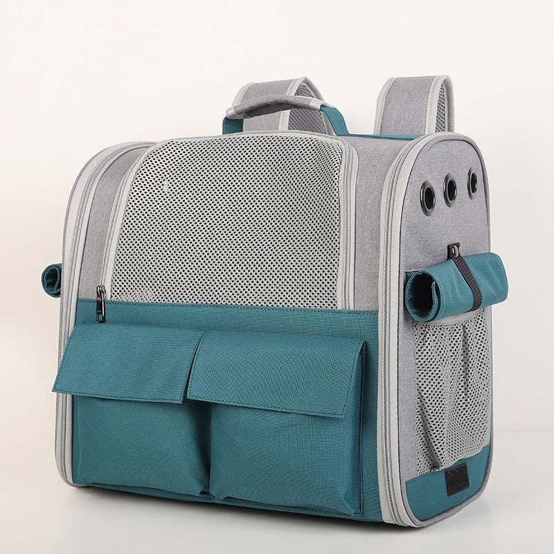 Mochila para animais de estimação em tons de cinza e azul, com malha respirável e bolsos frontais.
