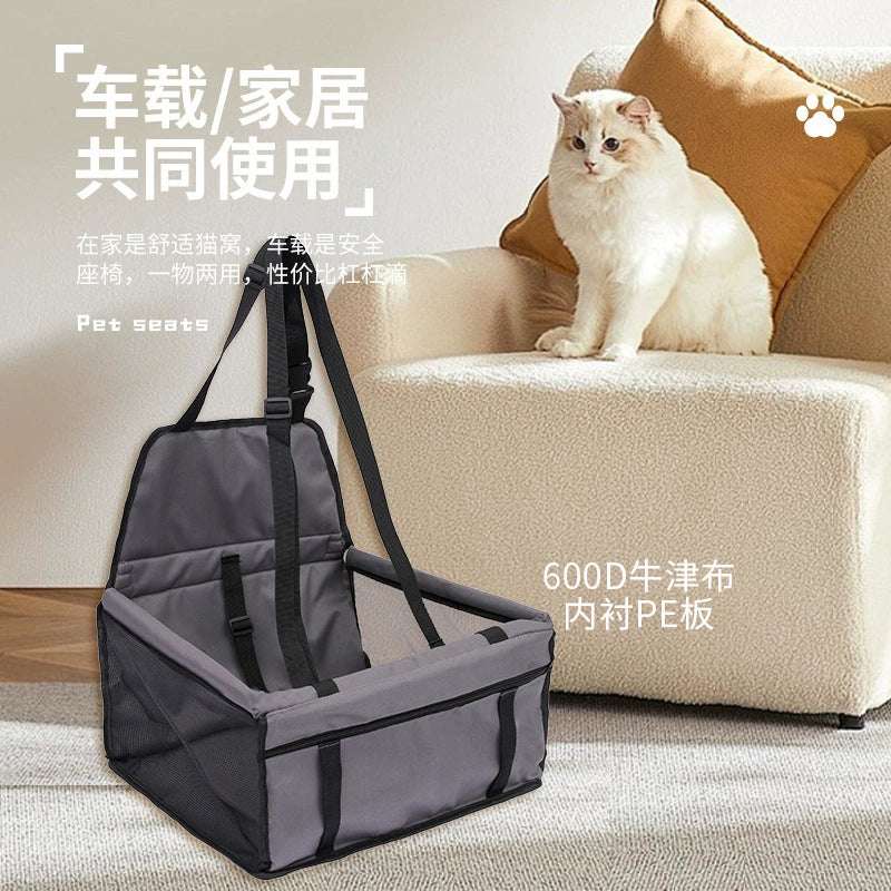 Transportador de animais de estimação cinza, com suporte e alças, ideal para segurança e conforto durante viagens.