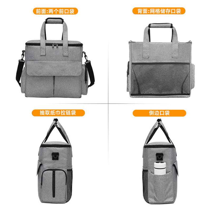 Mochila cinza para comida de cães e gatos, com alças confortáveis e design dobrável. Vários bolsos para conveniência.