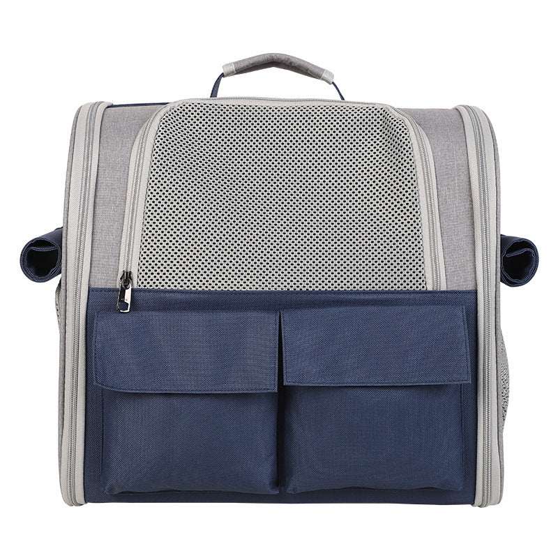 Mochila de transporte cinza e azul para animais de estimação, com tela respirável e dois bolsos frontais.