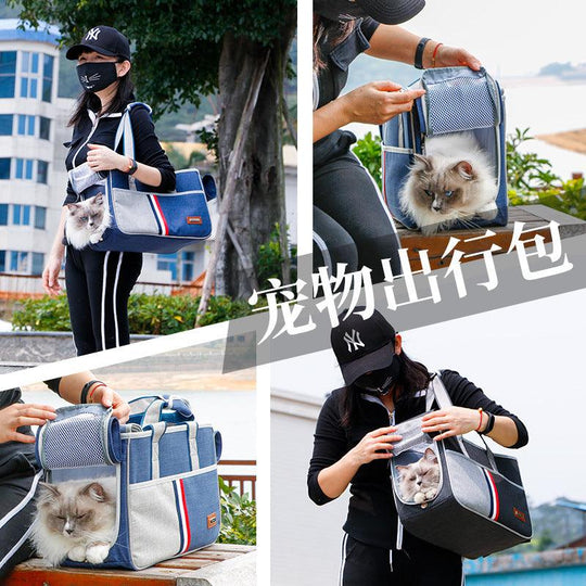 Mochila de transporte para animais de estimação, em azul escuro e cinza, com padrão xadrez e capacidade grande.