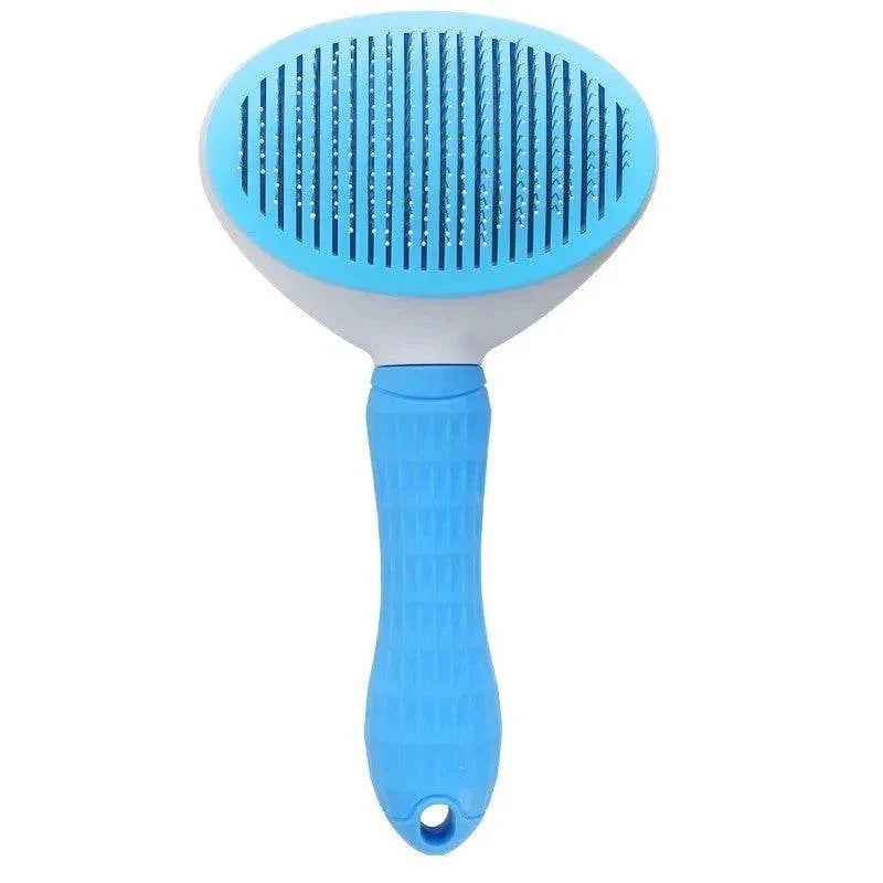 Escova para pets em azul, com cabo emborrachado e cerdas que removem pelos e emaranhados. Ideal para cães e gatos.