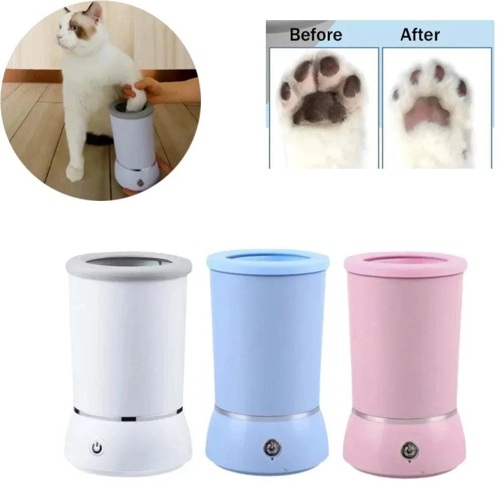 Lavador automático de patas de gato em três cores: branco, azul e rosa. Estrutura cilíndrica com tampa superior.
