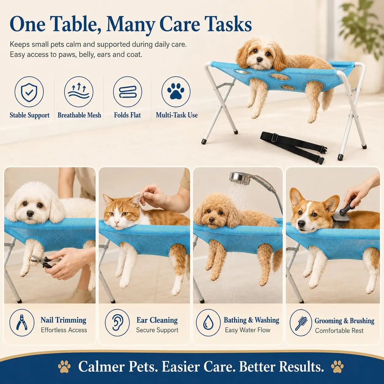 Pet Dog Bath Hammock Foldable Pet Cat Shower Grooming Table Hammoc Stand Mesh Bath Support for Nail Trimming, Bathing, Grooming