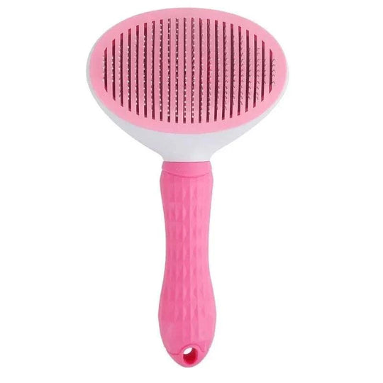 Escova de cabelo para pets, com cabeça oval, cerdas em aço inox e cabo rosa texturizado, ideal para remoção de pelos.