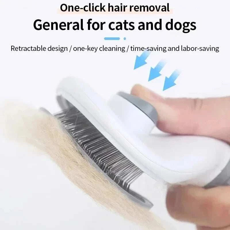 Escova de remoção de pelos para cães e gatos, com design retrátil e botão para limpeza fácil. Cor branca e cinza.