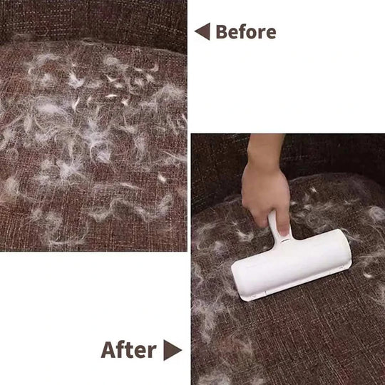 A removedora de pelos de animais em uso, com um design ergonómico e uma base autoclean, retirando pelos de uma sofá castanho.