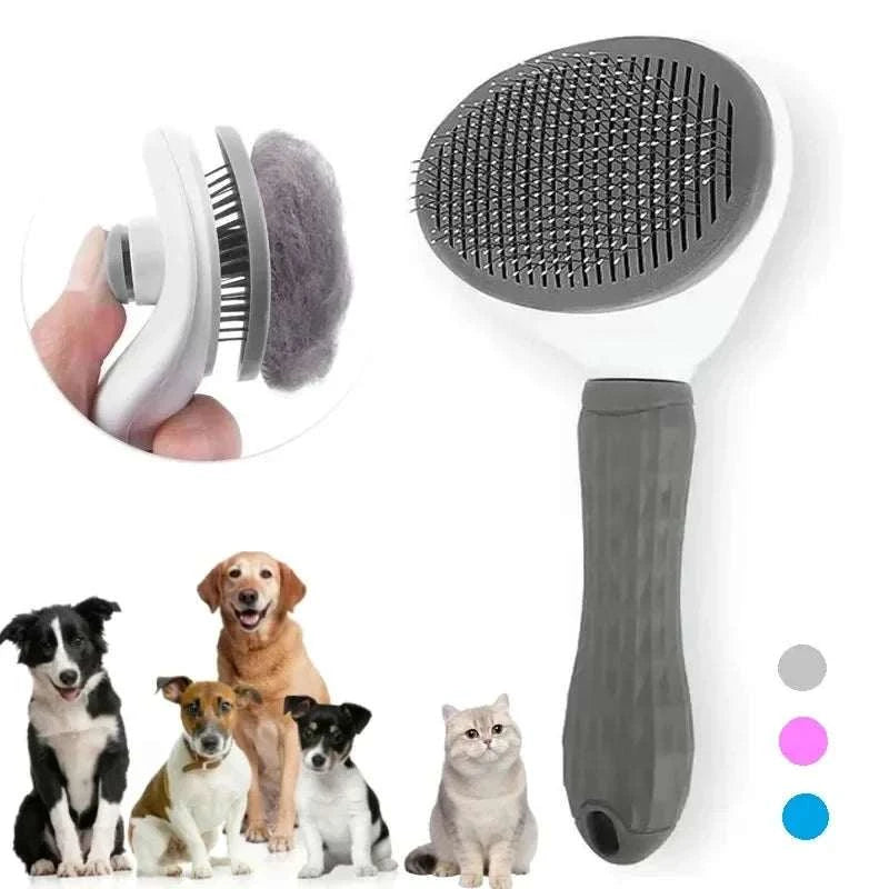 Escova de remoção de pelos para cães e gatos com cabo cinza, cerdas metálicas e design auto-limpante.