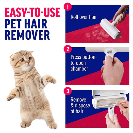 Removedor de pelos para animais, roll-on branco, instruções visíveis de uso e gato em pé ao lado.