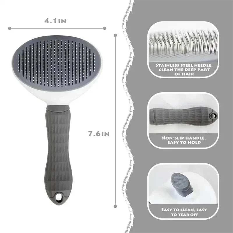 Escova para animais de estimação com cabo antiderrapante, superfície em plástico branco e cerdas de aço inoxidável para remoção de pelos.