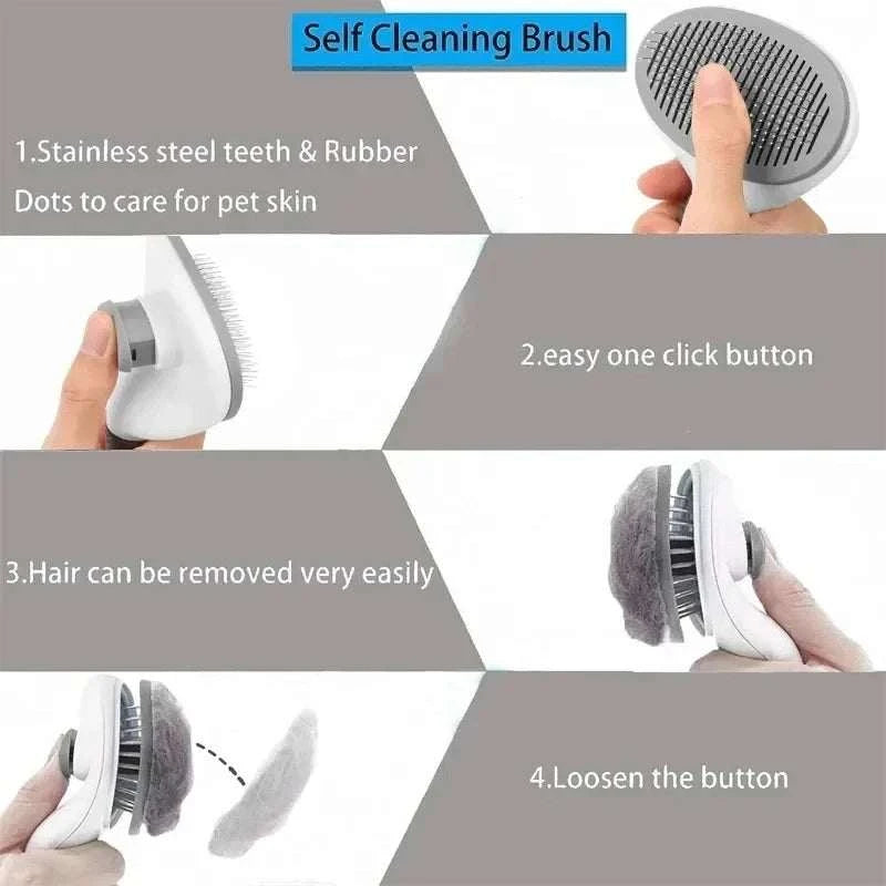 Escova de pelos para cães e gatos com pinos de aço inoxidável, botão de limpeza fácil, design ergonómico e acabamento em plástico branco.