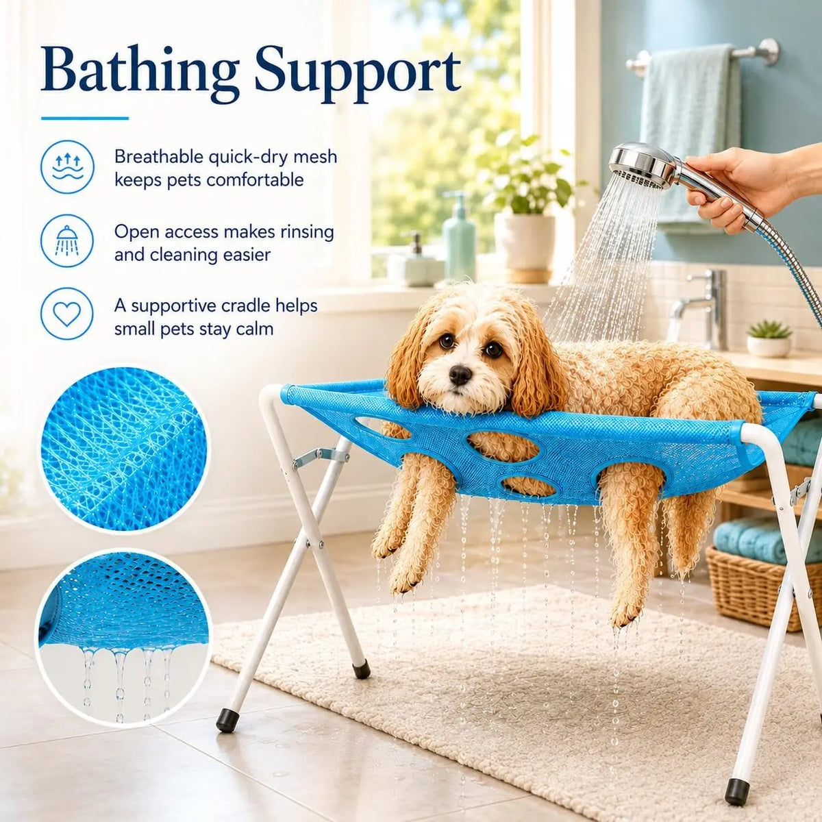 Pet Dog Bath Hammock Foldable Pet Cat Shower Grooming Table Hammoc Stand Mesh Bath Support for Nail Trimming, Bathing, Grooming