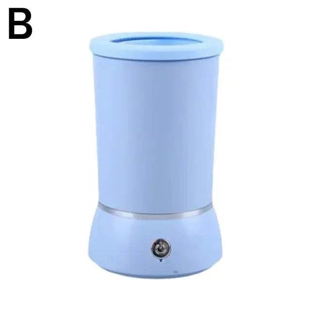 Pote de limpeza automática para patas de cães, cor azul, com design cilíndrico e base em silicone.