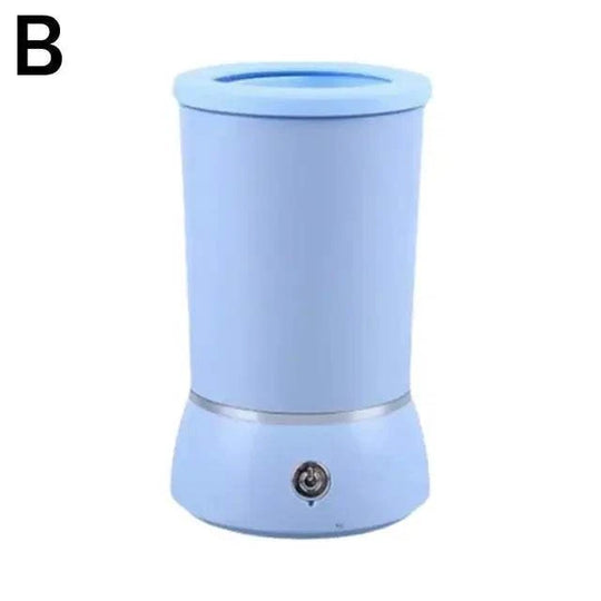 Pote de limpeza automática para patas de cães, cor azul, com design cilíndrico e base em silicone.