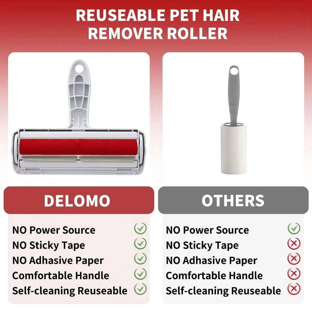 Rolô removedor de pelos de animais, com corpo em plástico ABS, rolo vermelho e base auto-limpante. Ideal para móveis.