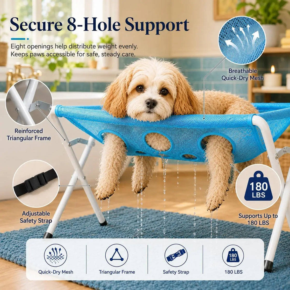 Pet Dog Bath Hammock Foldable Pet Cat Shower Grooming Table Hammoc Stand Mesh Bath Support for Nail Trimming, Bathing, Grooming